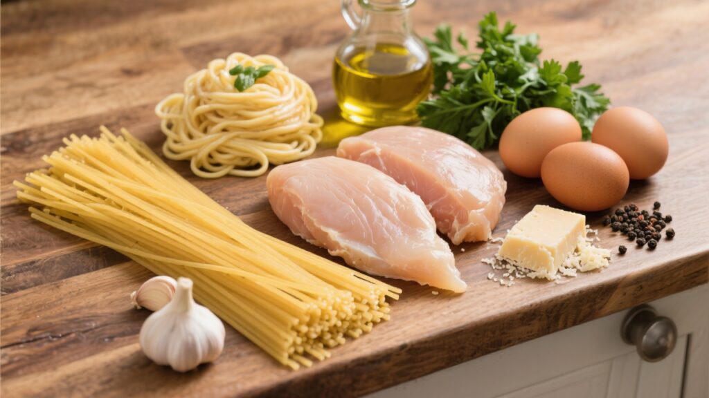 Ingredients for chicken carbonara including spaghetti, chicken breast, eggs, and more, beautifully arranged.