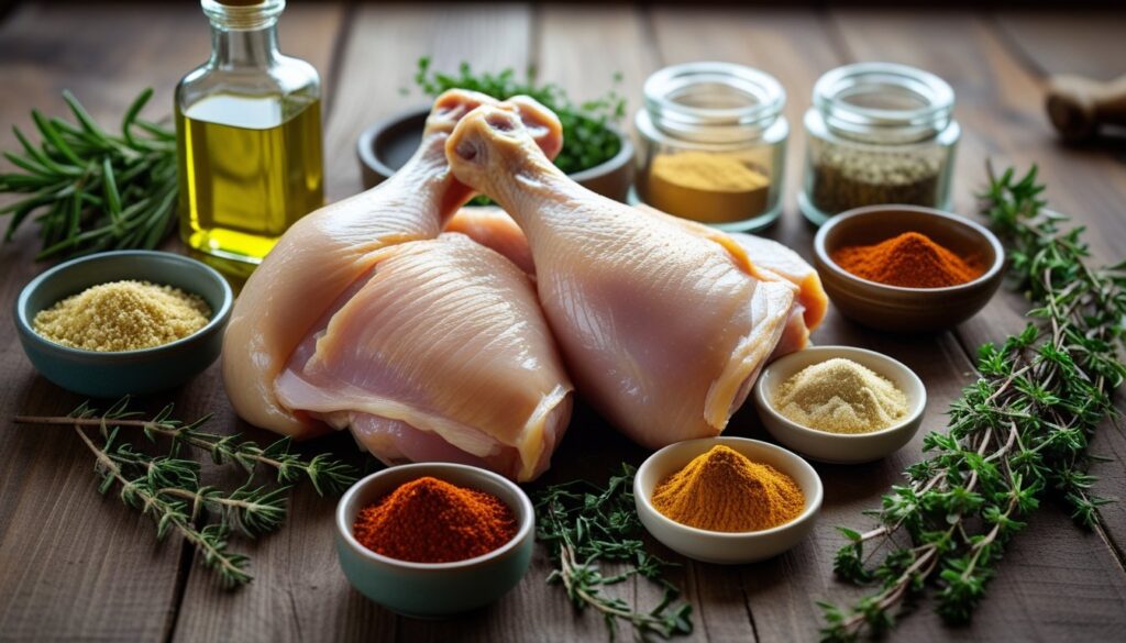 Ingredients for chicken leg quarters including chicken, spices, and herbs arranged on a kitchen counter.