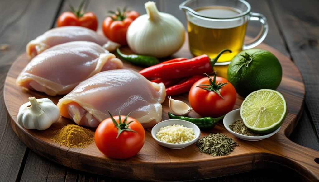 Ingredients for Chicken Tinga displayed on a wooden cutting board.