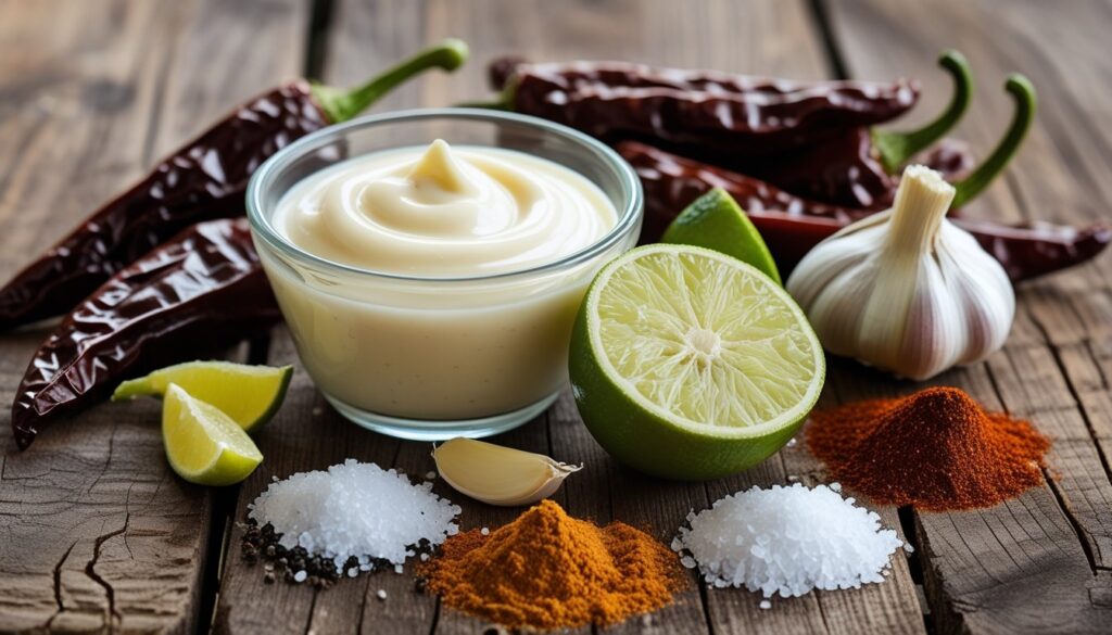 Ingredients for chipotle aioli arranged on a wooden table.