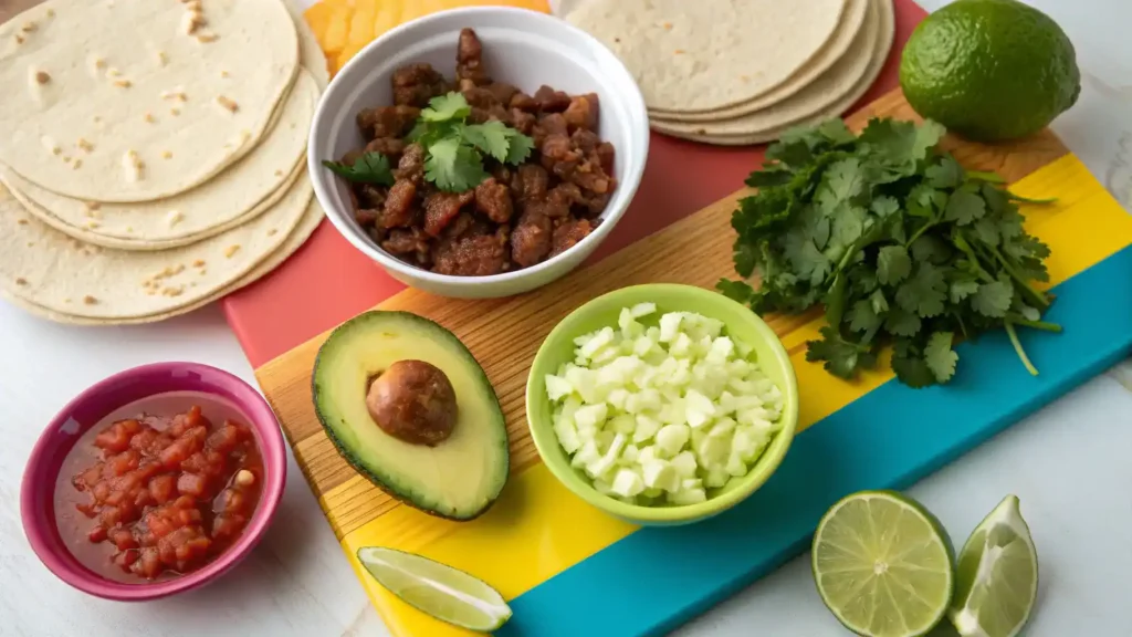 Ingredients for chorizo tacos including soy chorizo, tortillas, onions, cilantro, lime, avocado, salsa, and cheese on a cutting board.