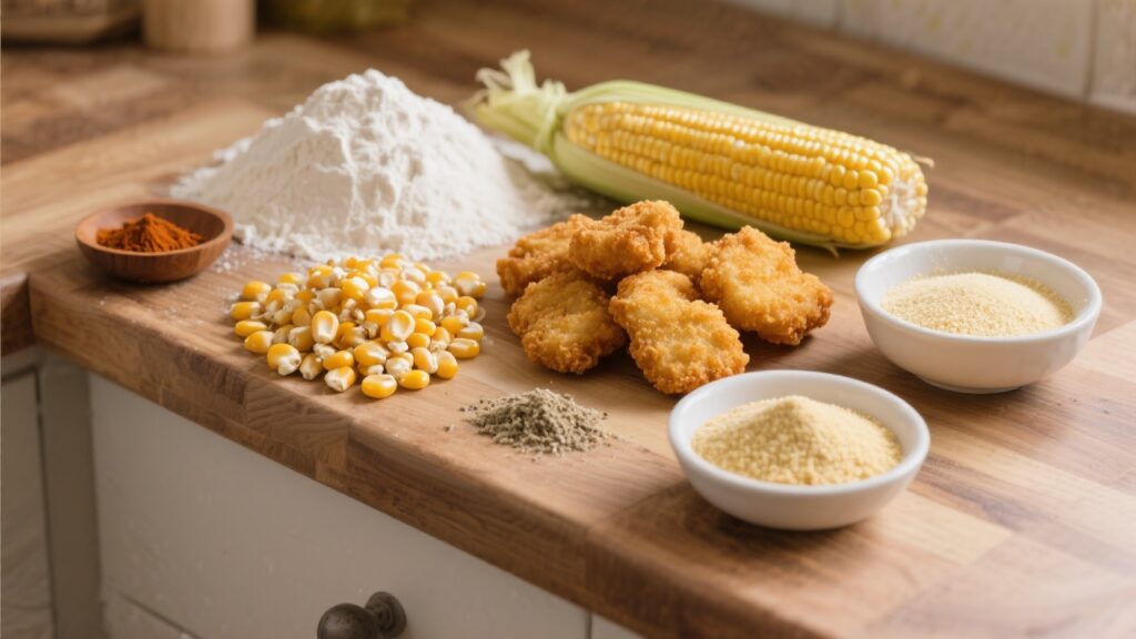 Ingredients for corn nuggets displayed on a wooden countertop.