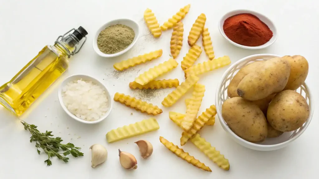Ingredients for crinkle cut fries including potatoes, oil, and spices.