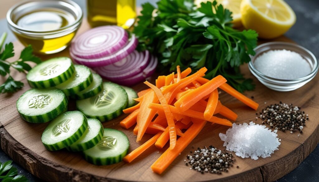 Ingredients for Cucumber Carrot Salad displayed on a wooden cutting board.