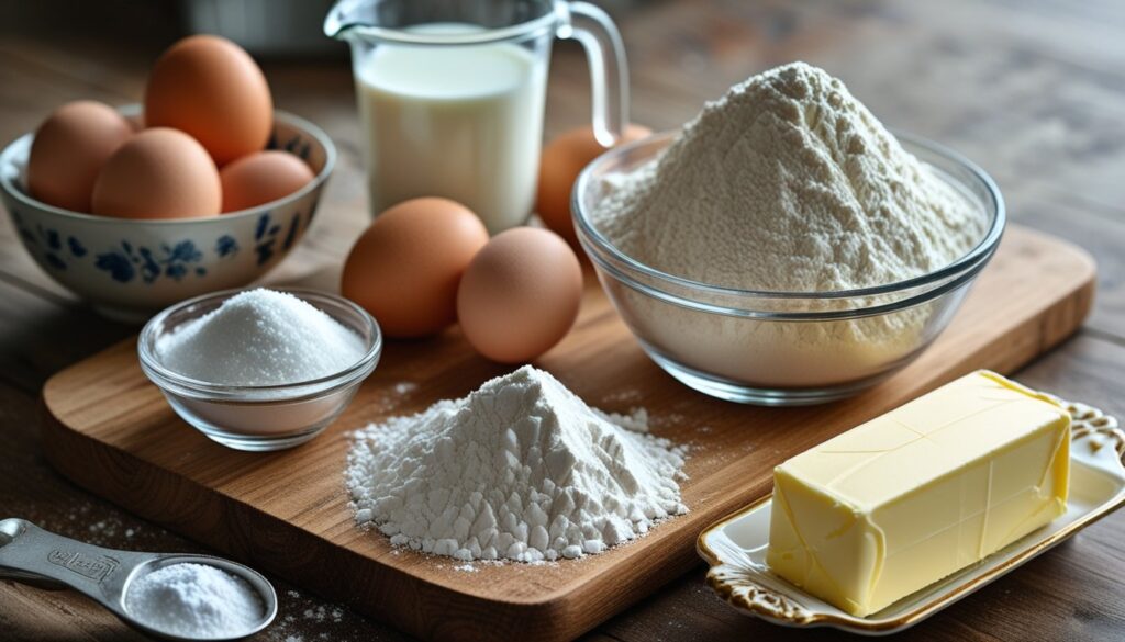Ingredients for German pancakes including eggs, milk, flour, sugar, baking powder, and butter on a wooden countertop.