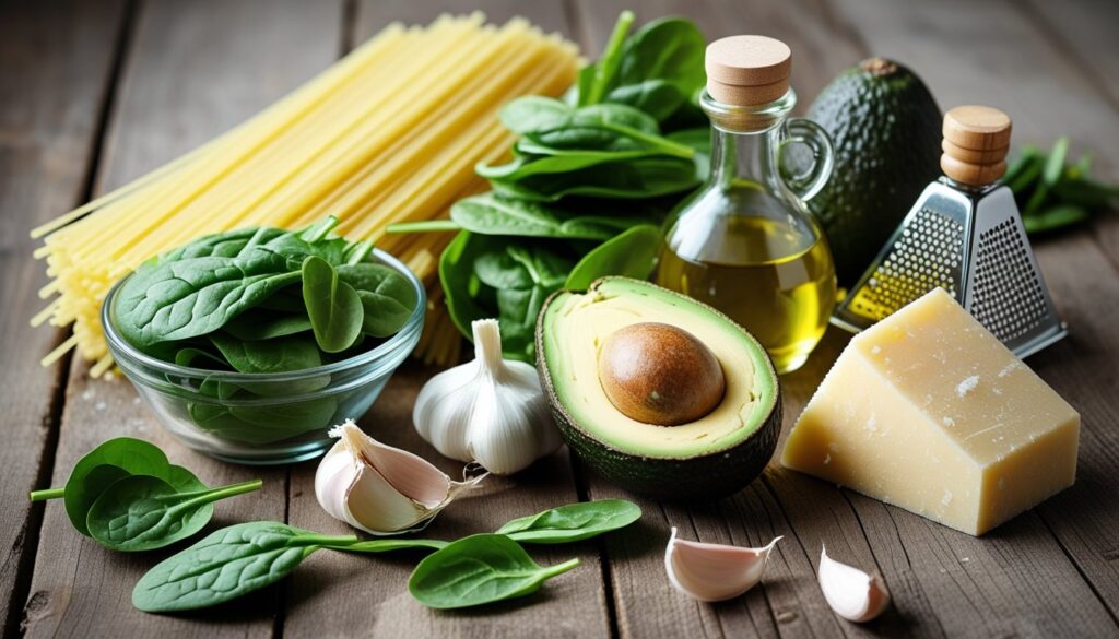 Ingredients for green spaghetti displayed on a wooden table.