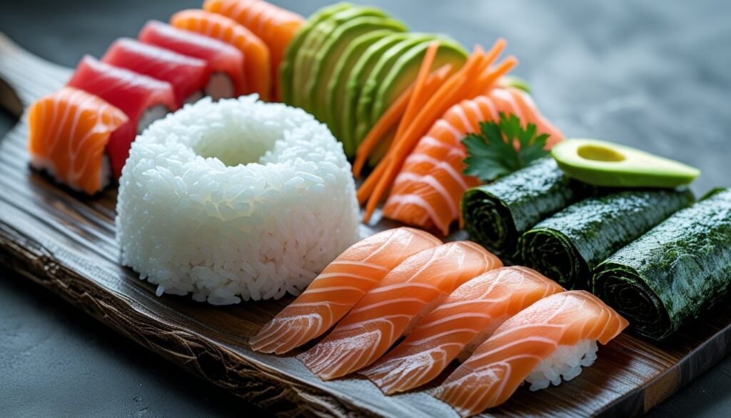 Ingredients for hand roll sushi displayed on a wooden board.