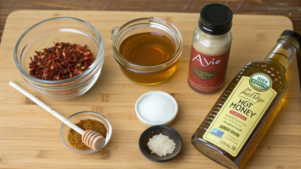 Ingredients for hot honey including honey, red pepper flakes, apple cider vinegar, garlic powder, olive oil, and salt.