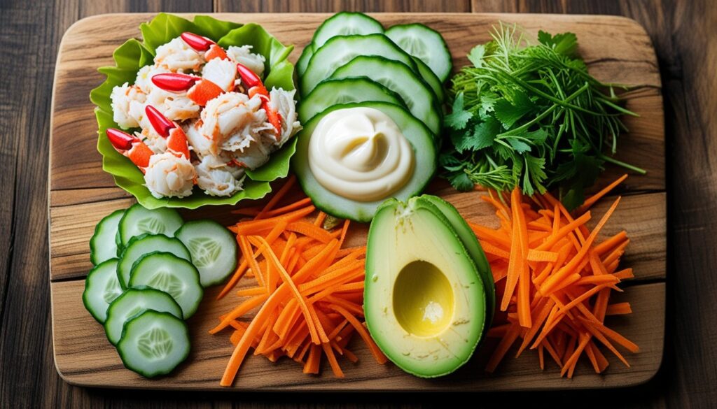 Ingredients for kani salad displayed on a cutting board.