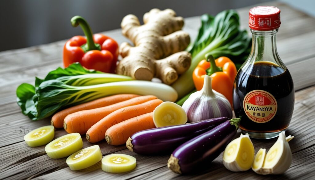 An array of fresh ingredients for a Kayanoya recipe, including Kayanoya soy sauce, ginger, garlic, and vibrant vegetables.