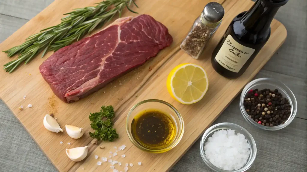Ingredients for making London Broil displayed on a wooden cutting board.