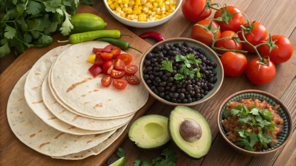 Fresh ingredients for Mexican dishes displayed on a wooden table.
