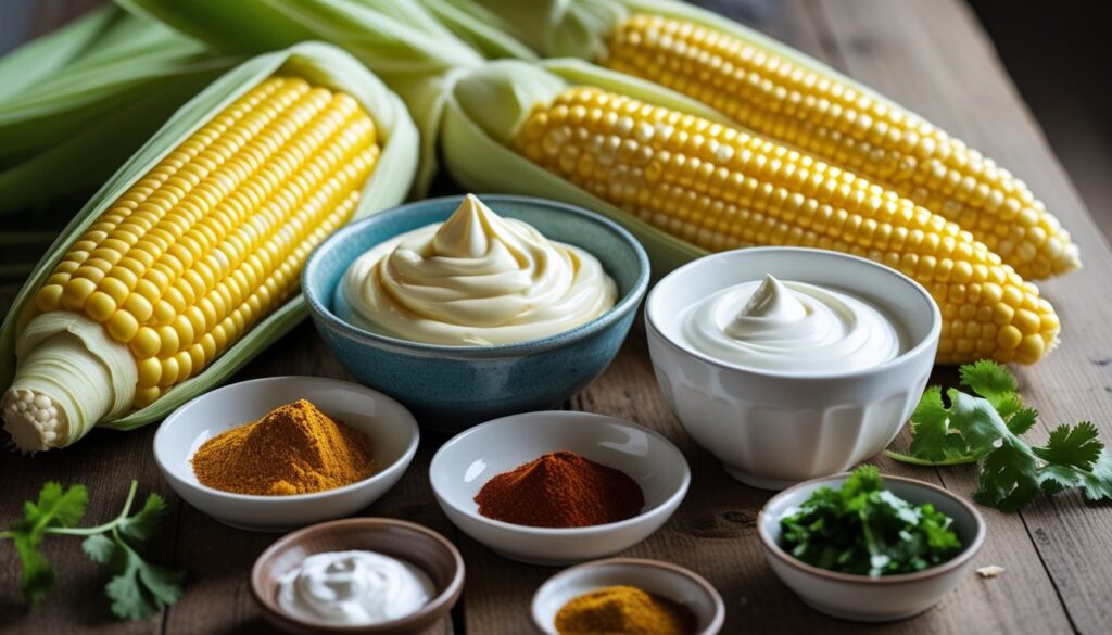Ingredients for Mexican street corn dip displayed on a rustic wooden table.