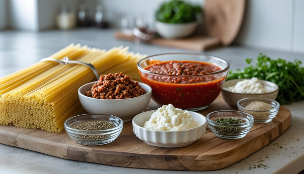 Ingredients for Million Dollar Spaghetti displayed on a kitchen counter.