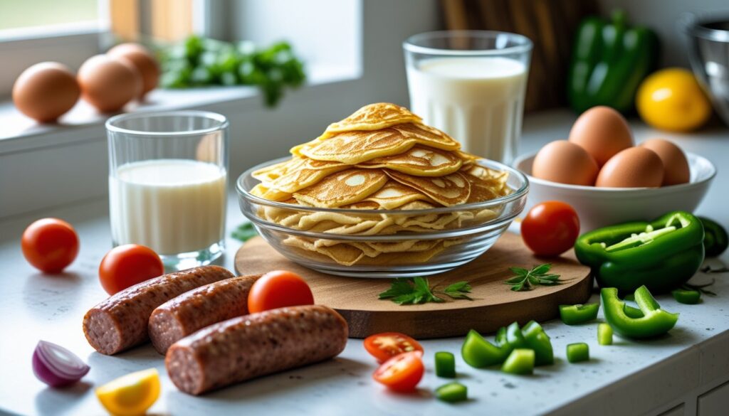 Ingredients for Pancake Sausage Casserole displayed on a kitchen counter.
