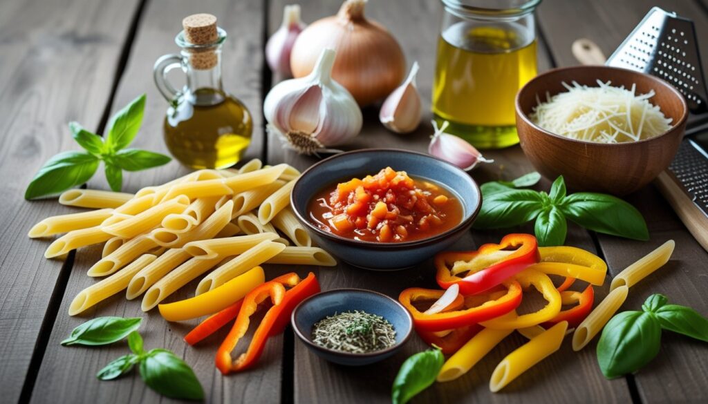 Ingredients for penne and pasta displayed on a wooden table.