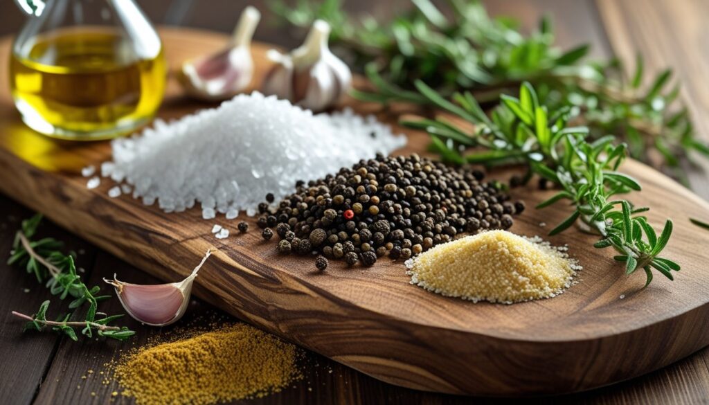 Ingredients for picanha steak including salt, pepper, garlic powder, olive oil, and fresh herbs.