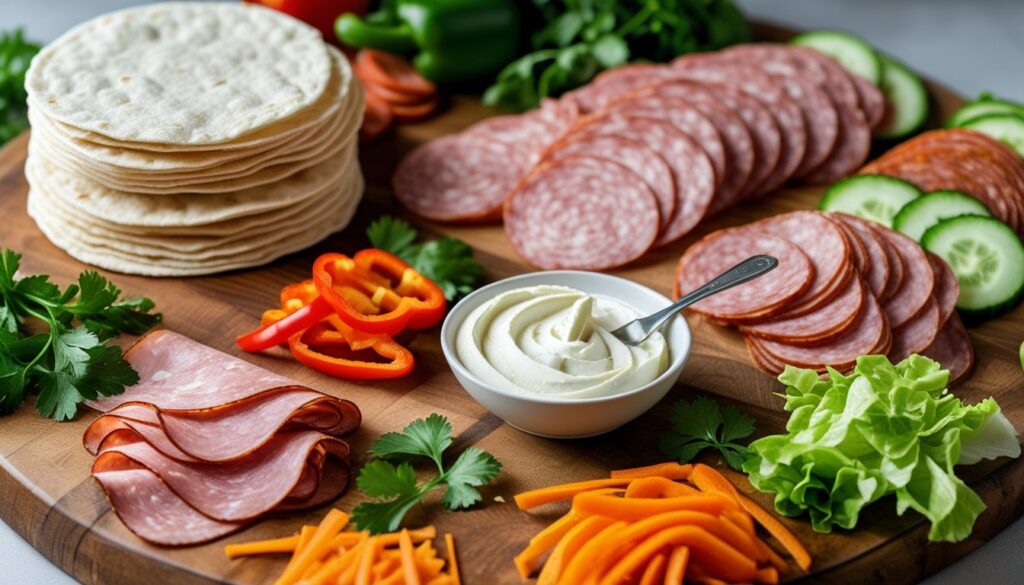 Ingredients for making pinwheel snacks displayed on a wooden cutting board.