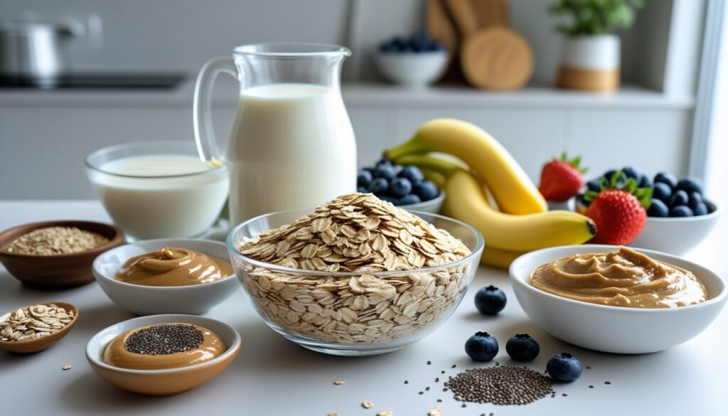 Ingredients for protein oatmeal displayed on a kitchen counter.