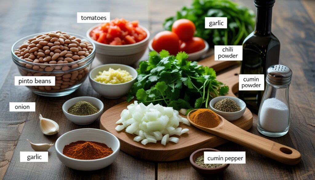 Ingredients for ranch style beans including pinto beans, tomatoes, and spices.