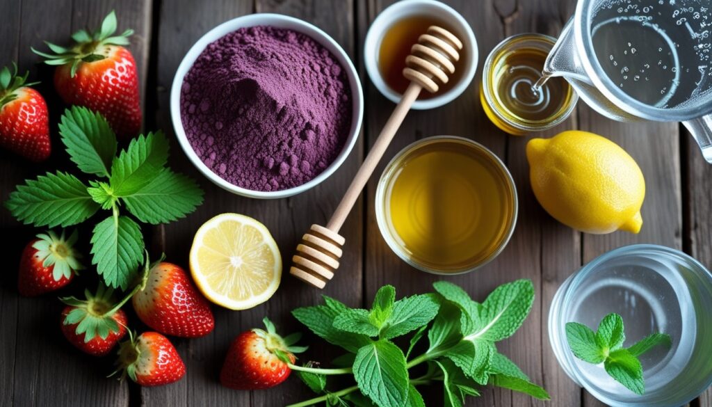 Ingredients for Strawberry Acai Refresher displayed on a wooden table.