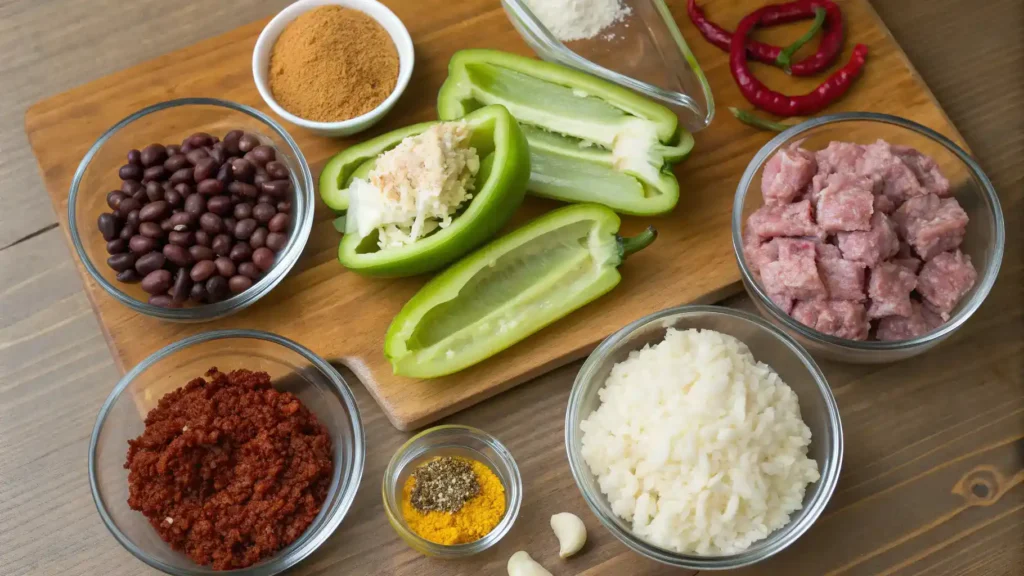 Ingredients for stuffed banana peppers laid out on a wooden countertop.