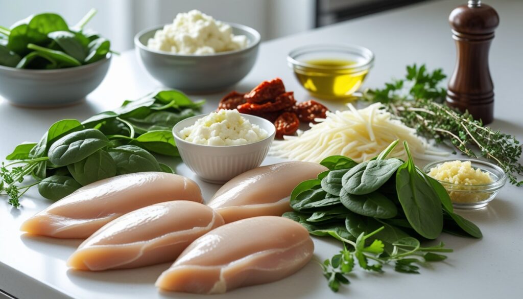Ingredients for stuffed chicken breast including chicken, spinach, and cheeses.v
