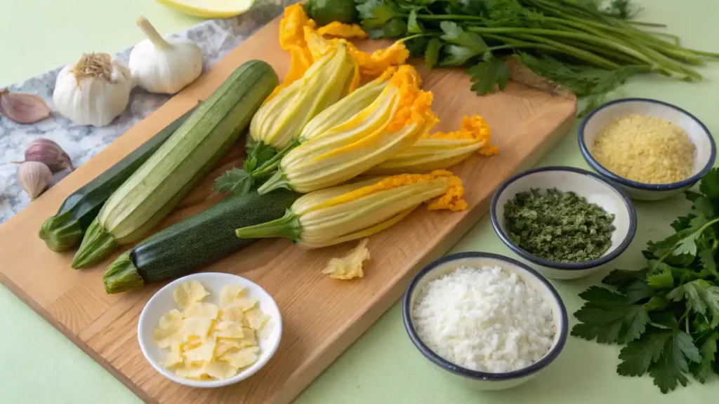Ingredients for stuffed summer squash blossoms including ricotta, herbs, and squash blossoms.