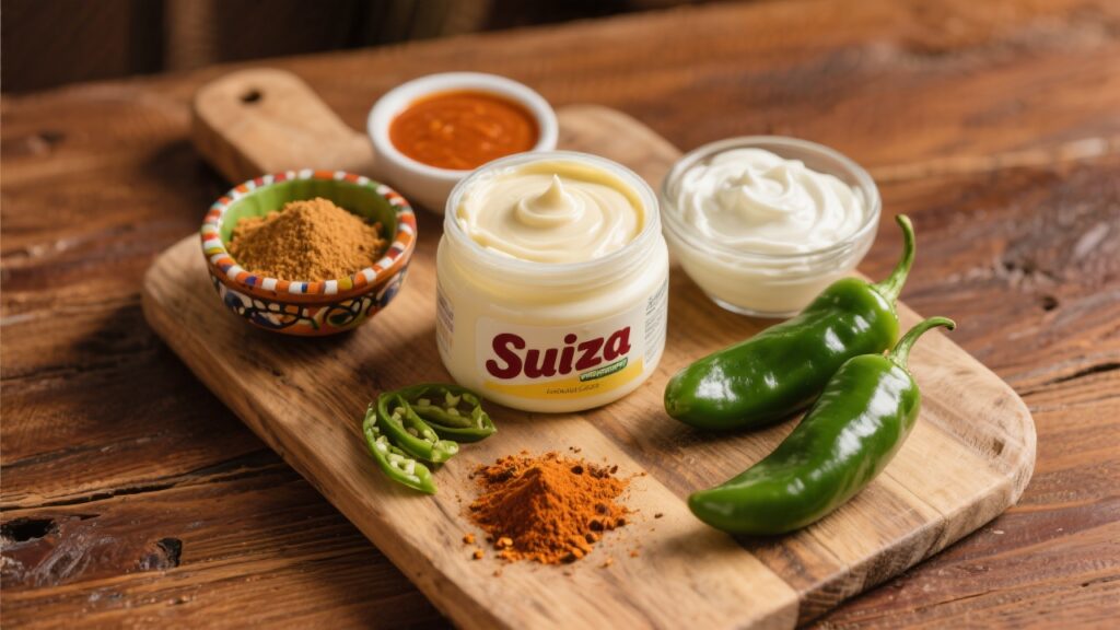 Ingredients for suiza sauce arranged on a wooden table.