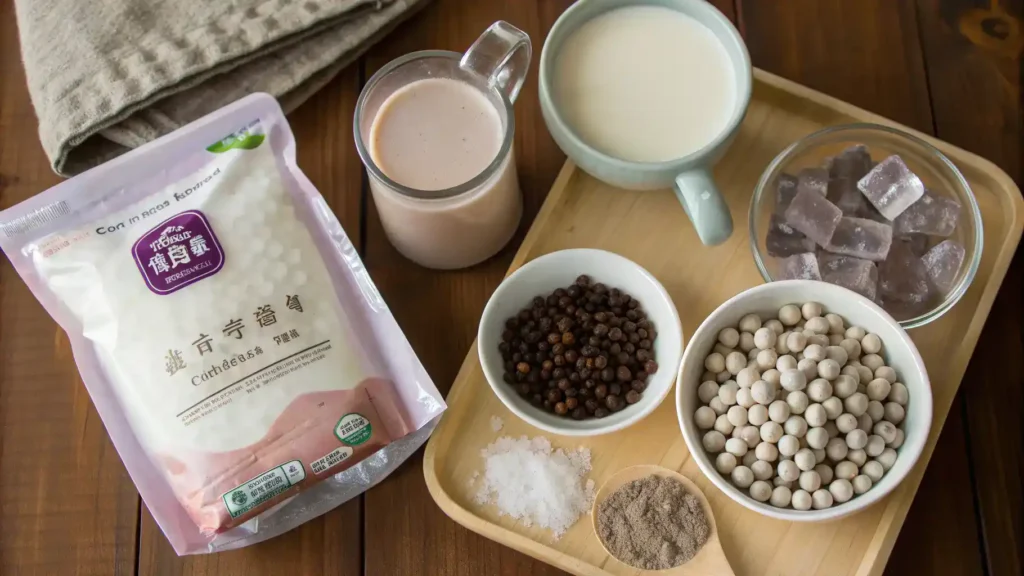 Ingredients for making taro milk tea displayed on a wooden table.