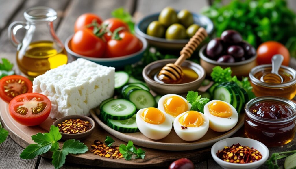 Key ingredients for a Turkish breakfast including feta cheese, olive oil, tomatoes, cucumbers, olives, eggs, honey, jams, chili flakes, and fresh herbs.