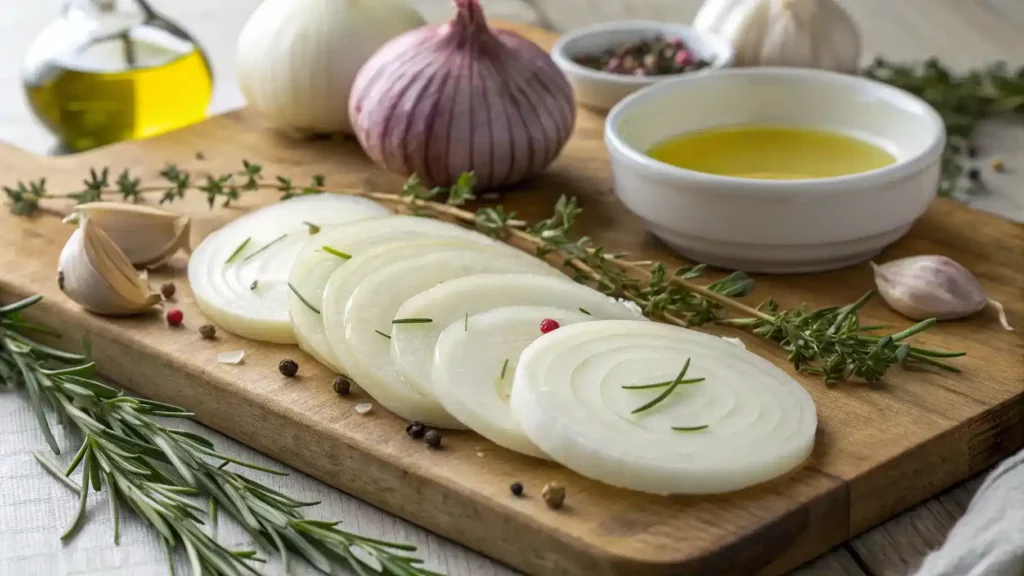 Fresh Vidalia onions, olive oil, garlic, and herbs displayed on a wooden table.