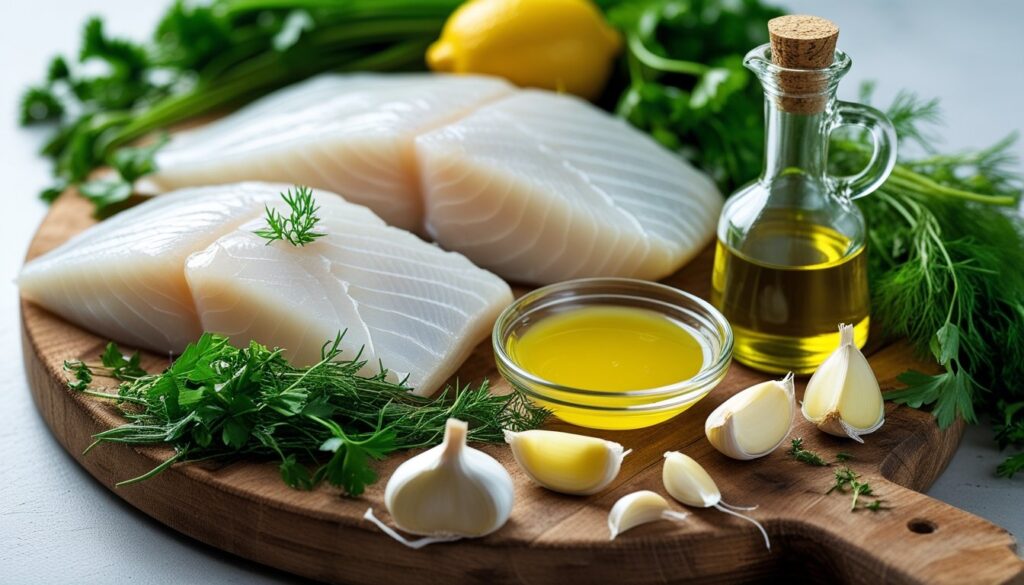 Fresh ingredients for a white fish recipe including fillets, lemon, olive oil, and herbs.