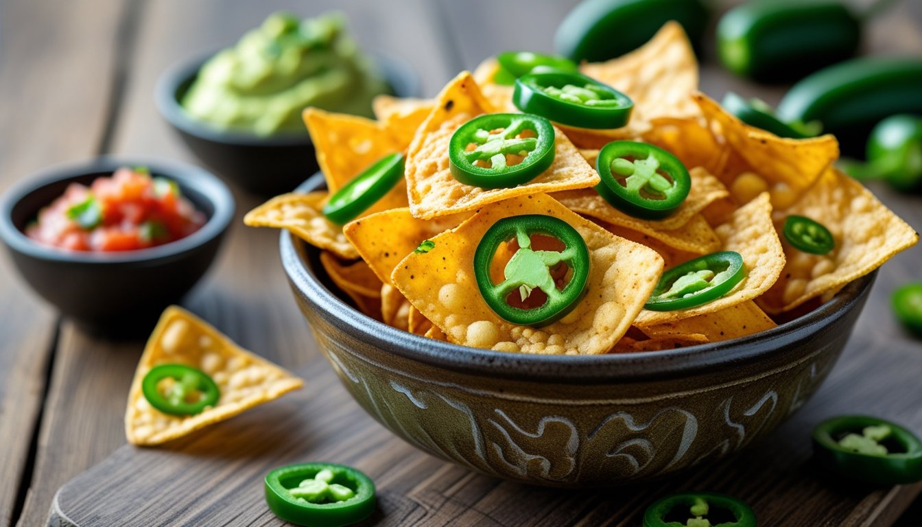 A bowl of crispy jalapeno chips served with guacamole and salsa.