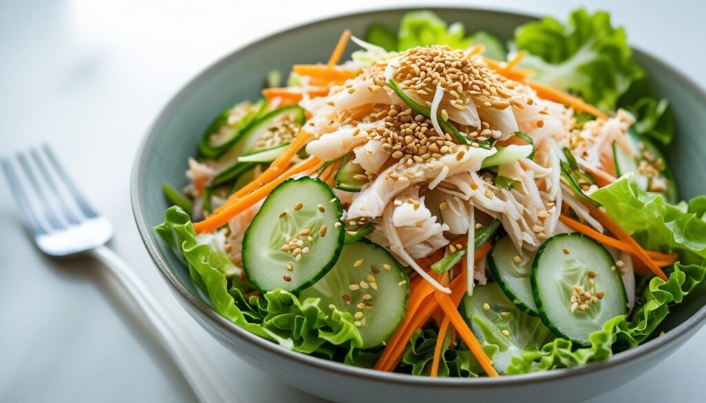 A beautifully plated kani salad garnished with sesame seeds.