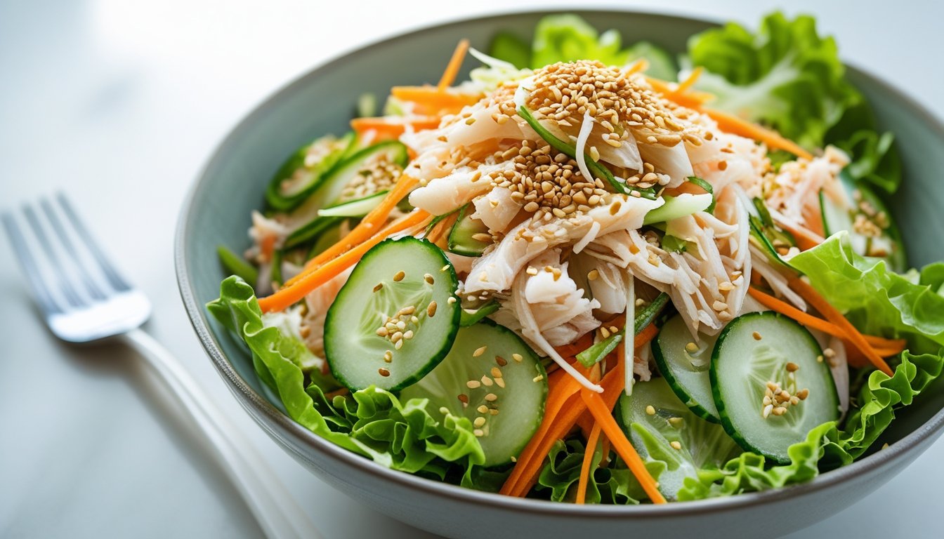 A beautifully plated kani salad garnished with sesame seeds.