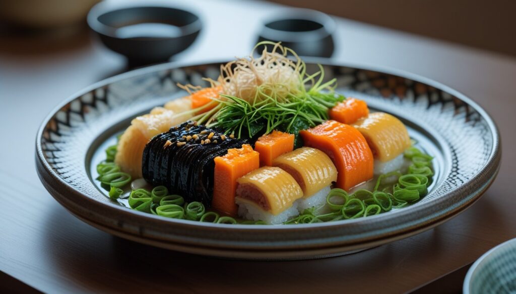 A beautifully plated Kayanoya dish, showcasing rich colors and textures, garnished with green onions and sesame seeds.