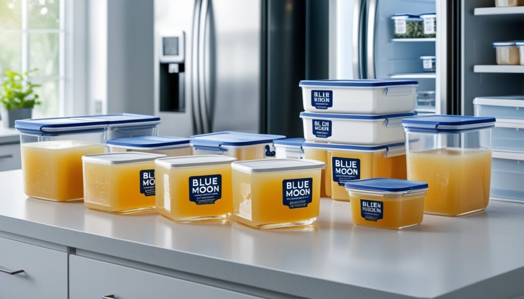 Storage tips for Blue Moon Beer mocktail with containers and instructions.