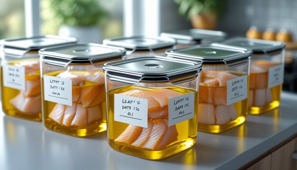 Storage process for leftover fish with oil in airtight containers.