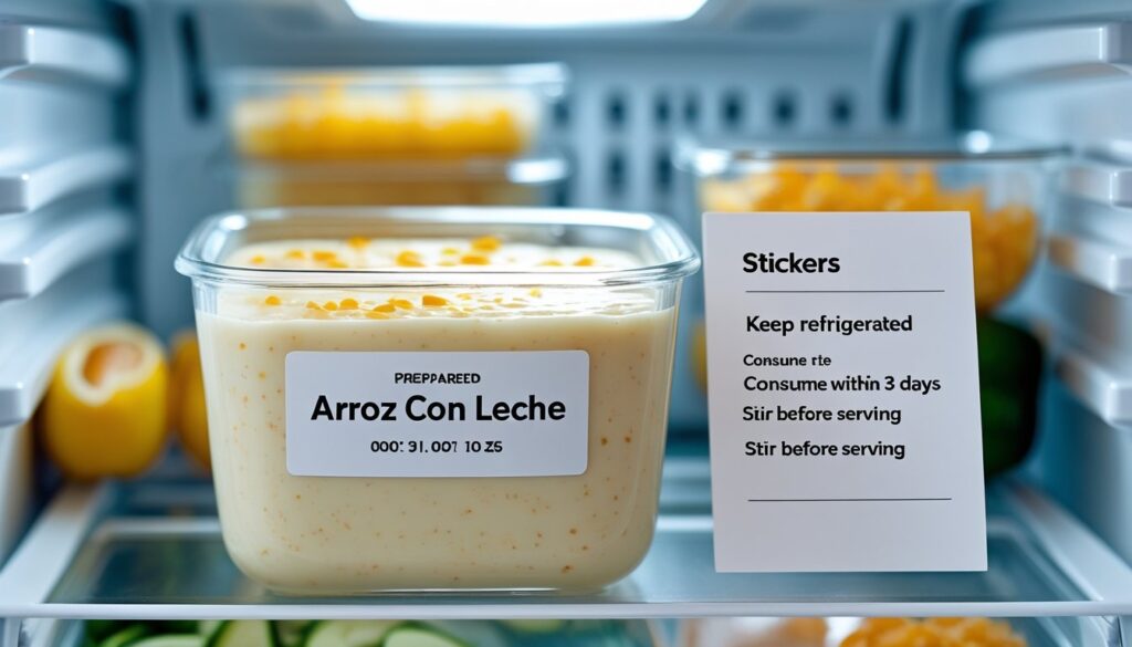 Arroz con leche stored in an airtight container in the refrigerator.