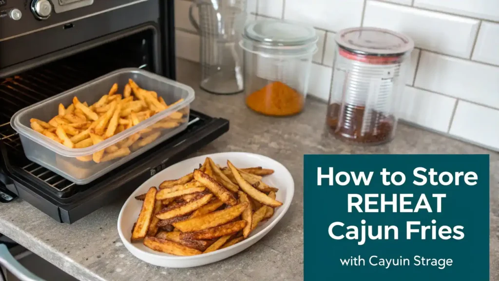 Instructions for storing and reheating Cajun fries, including tips for best results.