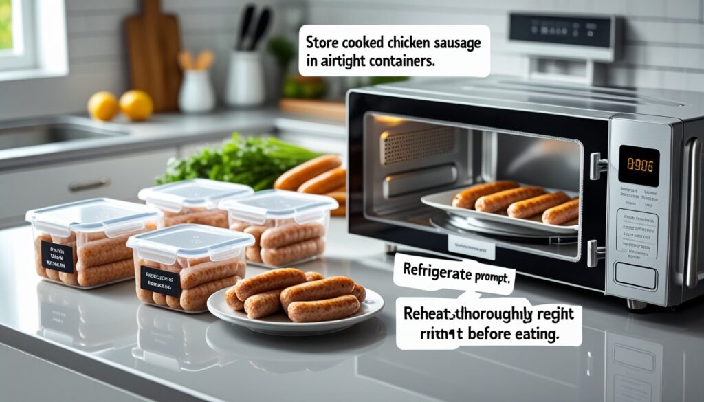 Storage and reheating instructions for Chicken Breakfast Sausage.