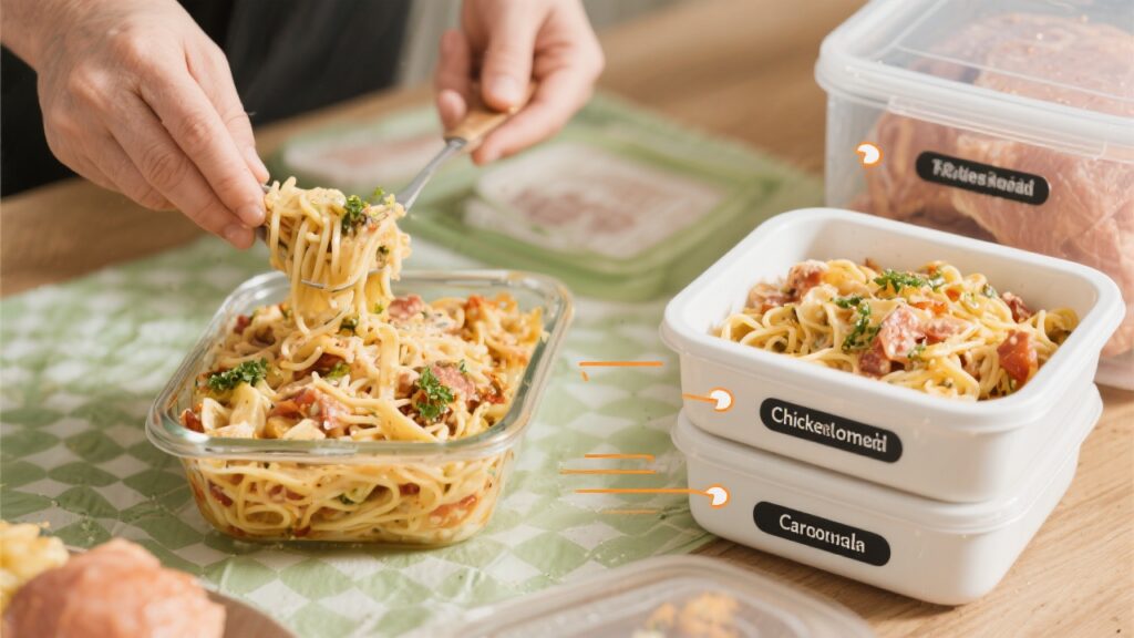 Storage and reheating instructions for chicken carbonara with labeled containers.