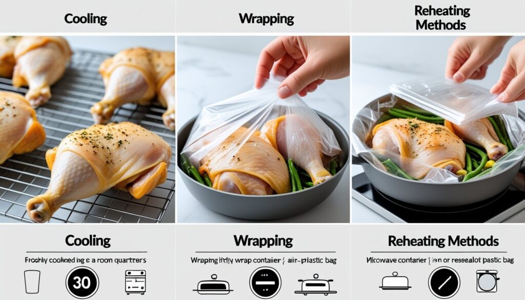 Instructions for storing and reheating chicken leg quarters.