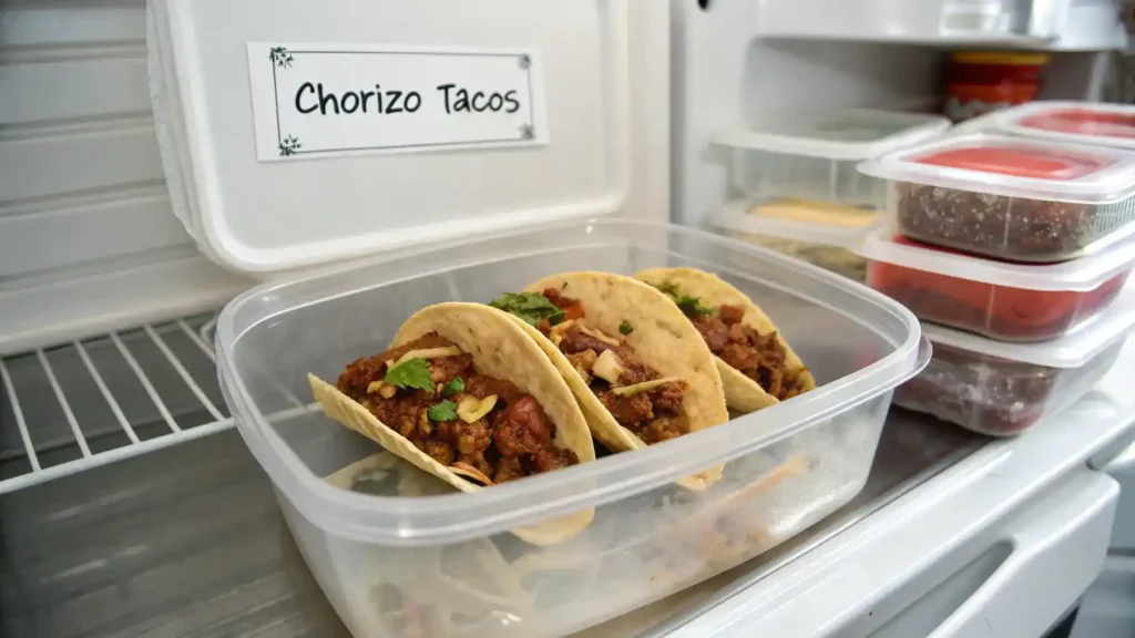 Chorizo tacos stored in an airtight container in the refrigerator.
