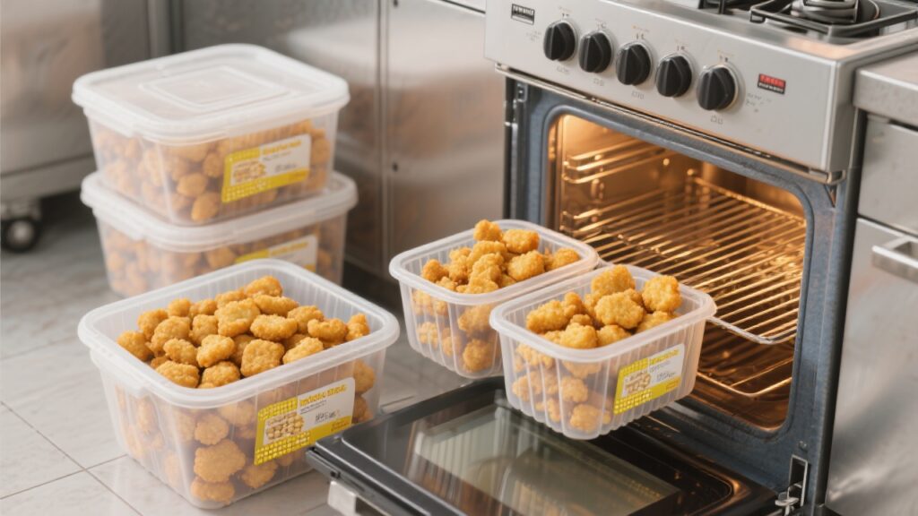 Storage and reheating instructions for corn nuggets.