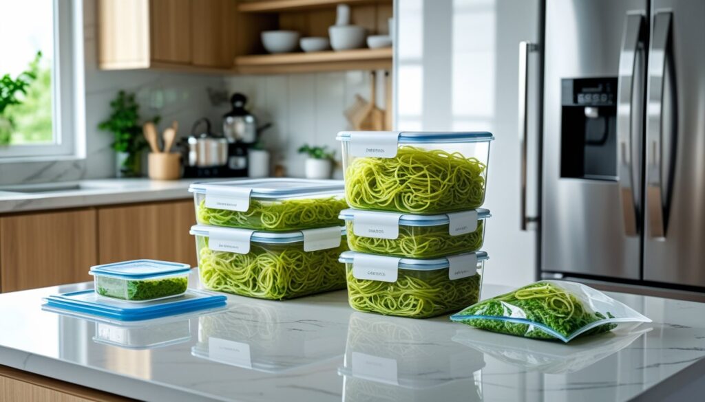 Proper storage methods for green spaghetti displayed in a kitchen.