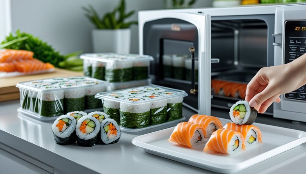 Storage and reheating methods for hand roll sushi.