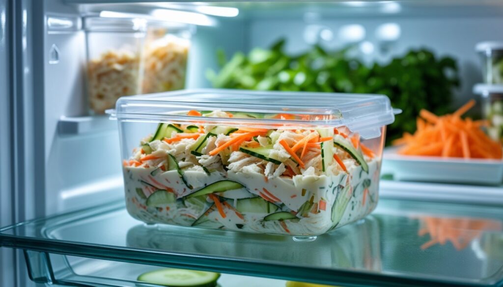 Storing kani salad in an airtight container.
