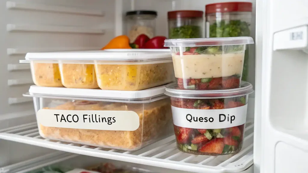 Proper storage methods for leftover Mexican dishes in airtight containers.